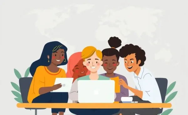 A diverse team engaged in global collaboration on a project.