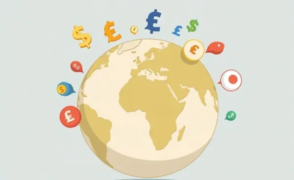 Illustration of a globe with various currency symbols