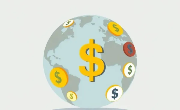 A globe with currency symbols orbiting a US dollar sign
