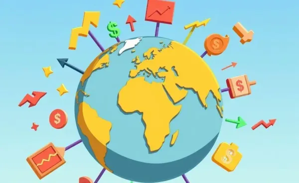 Cartoon globe surrounded by financial stock symbols