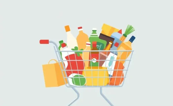 Illustrated grocery cart filled with various imported products.
