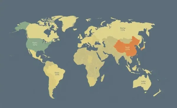 A cartoon-style illustration of a world map with financial charts overlaying different regions