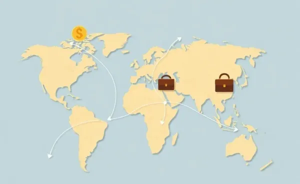 Illustrated world map with investment symbols and tariff arrows