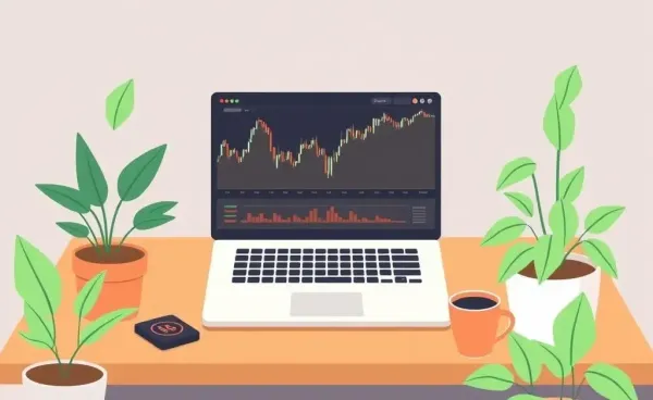 A laptop displaying stock market charts on a cozy desk