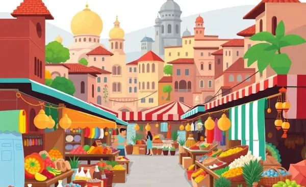 A global marketplace illustration showcasing diverse international products