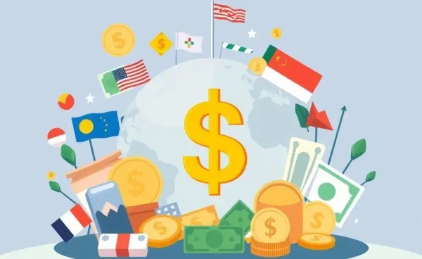 A cartoon representation of various global currencies encircling the US dollar, symbolizing its central role.