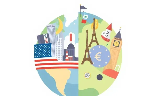 Cartoon of Earth divided between American and European economic symbols