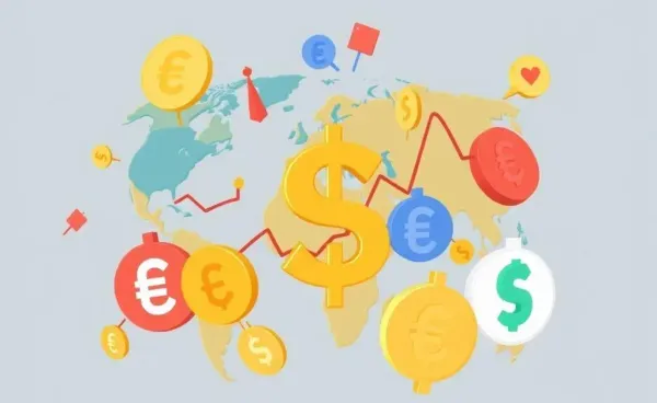 Cartoon-style global stock market with currency symbols