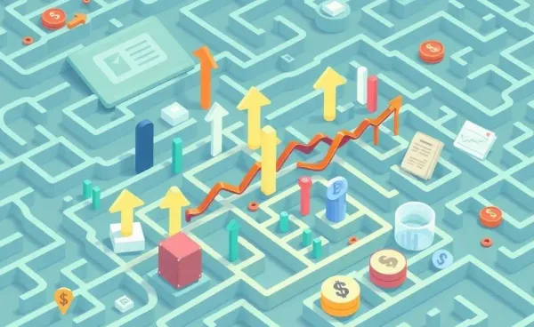 Illustration of a maze overlay on a global stock market graphic