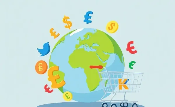 Global economy represented with currency symbols and a shopping cart