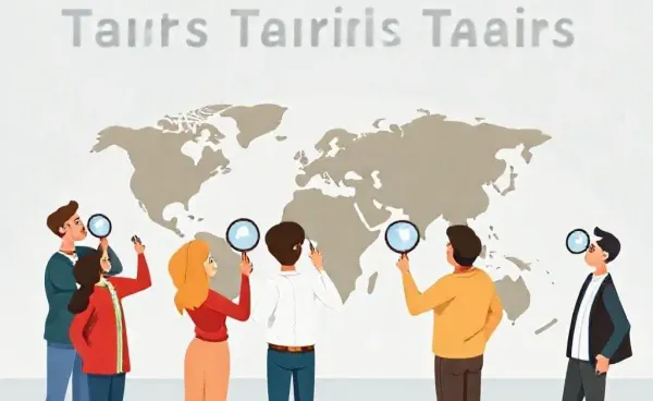 People examining world map with magnifying glasses, symbolizing global tariffs impact