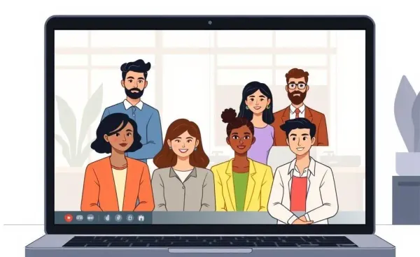 An animated image showing people from different countries on a video call