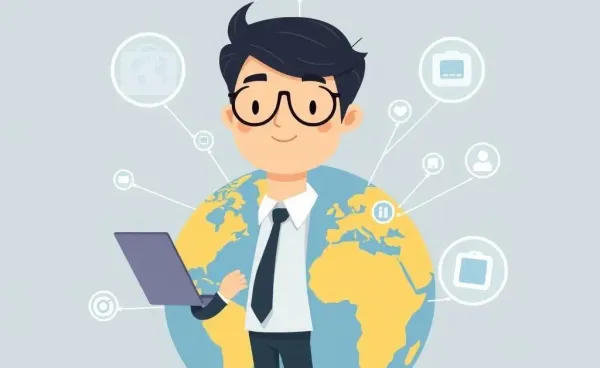 A serene businessperson observing a globe with tech connections