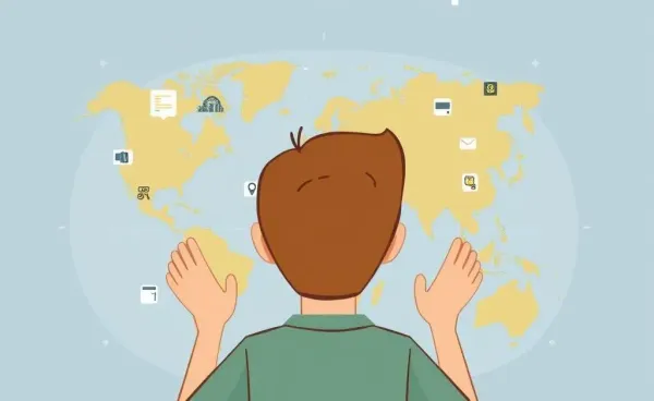 A person examining a world map with technology icons, symbolizing technology trade insights.