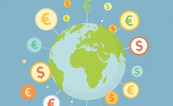 A world map with trade symbols representing global business.