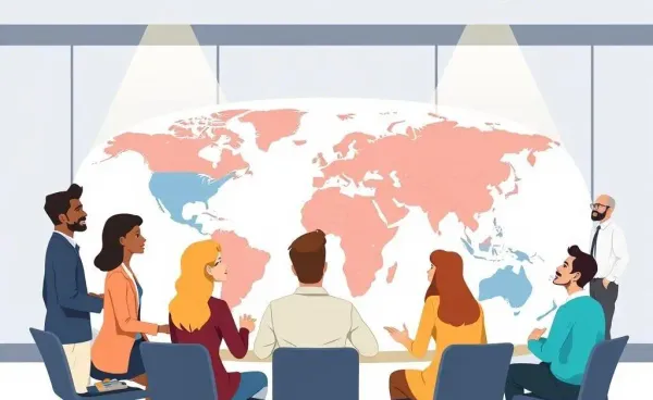 A cartoon-style illustration of people discussing global trade around a large world map