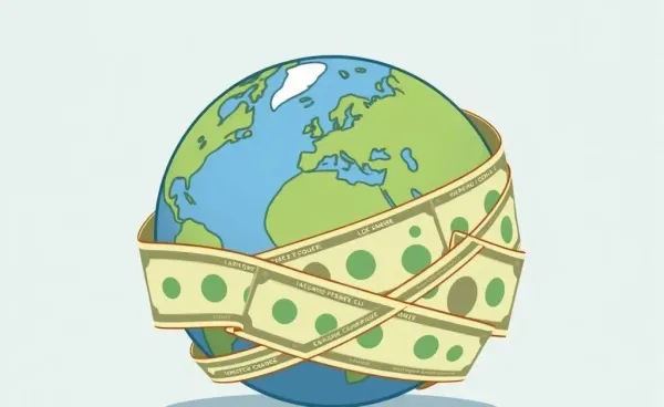 Illustration of a globe wrapped with US dollar bills
