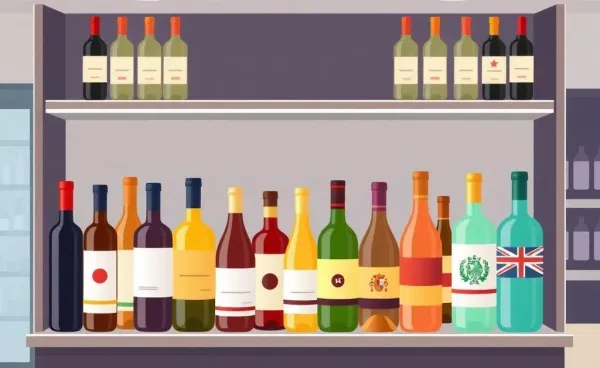 An assortment of wine bottles from different countries on a shelf
