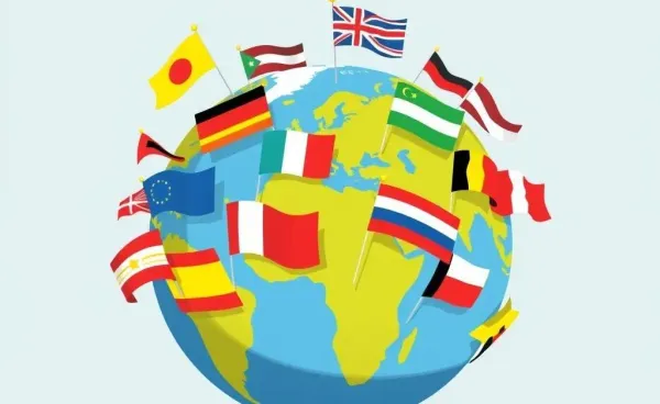 Cartoon-style image of a globe with country flags representing global trade.
