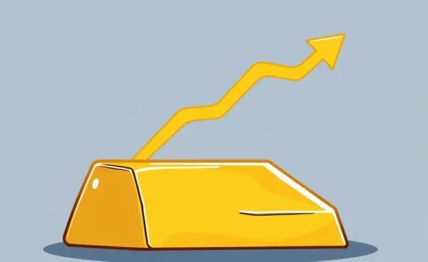 A cartoon image showing a gold bar with a rising arrow.
