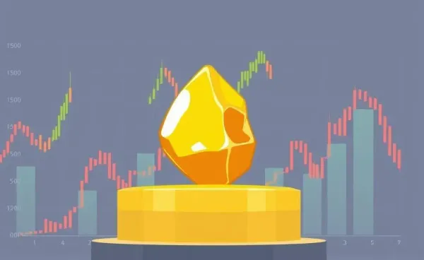 Shiny gold nugget on a pedestal with financial charts