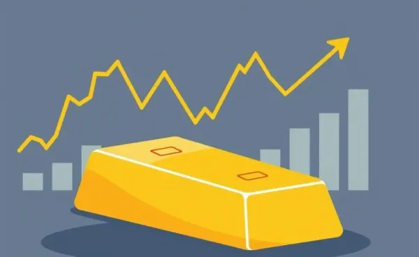 Illustration depicting gold bars against financial graphs