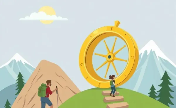 A cartoon-style image showing a golden compass guiding a hiker