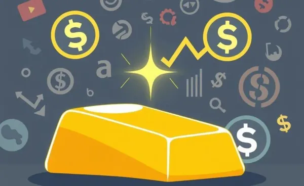 Cartoon-style illustration of a gold bar and stock market symbols