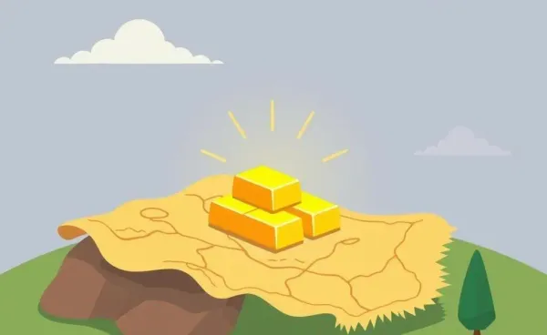 Cartoon image of gold bars shining on a treasure map.