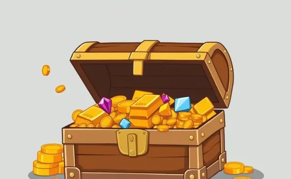 Cartoon treasure chest filled with gold and jewels