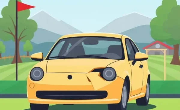 A car with a dent from a golf ball at a driving range