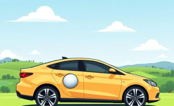 Car with a golf ball dent, golf course in the background