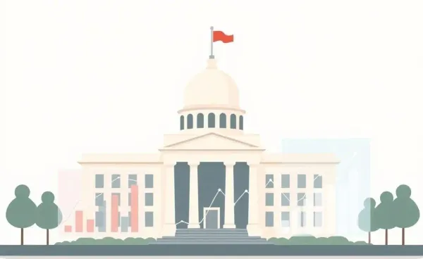 Government building with financial charts overlayed.
