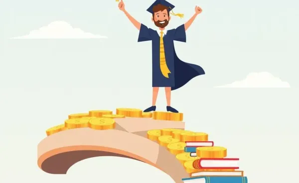 A graduate cheerfully standing on a path of financial success