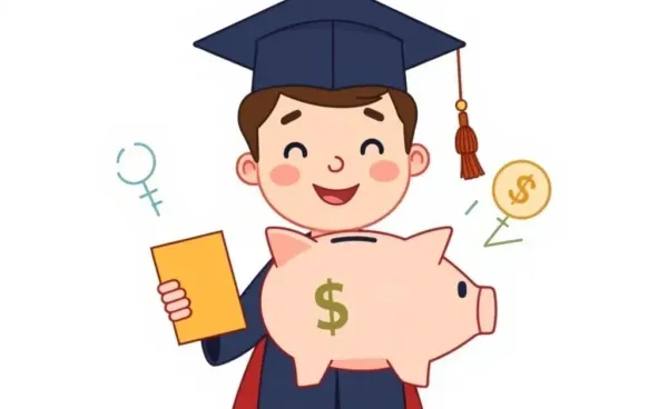 Graduate holding a piggy bank with growing financial symbols