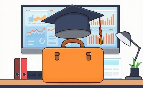 Transition from education to a data analyst career depicted with a graduation cap and briefcase.