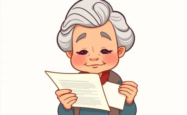 Cartoon of a grandmother holding a lease agreement thoughtfully