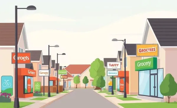 Illustration of a neighborhood with different grocery store signs