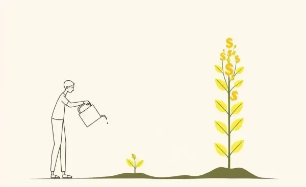 Person watering a plant growing into money leaves symbolizing dividend growth.