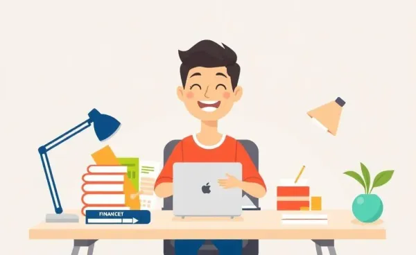 A cartoon image of a person happily planning their budget at a desk.