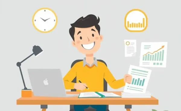 A person smiling while managing their budget at a desk with financial tools