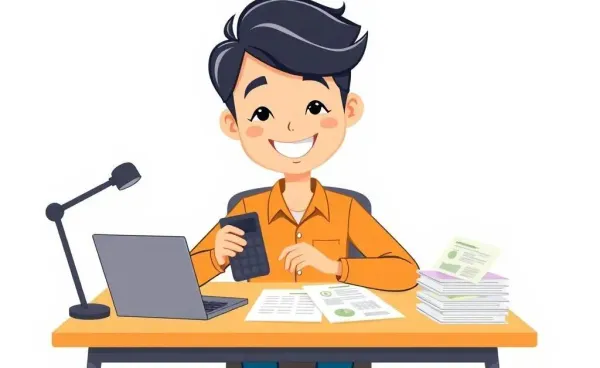 A person joyfully organizing their budget at a desk.