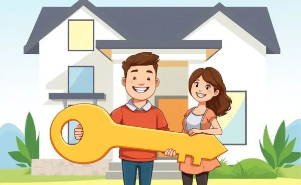 A cartoon-style couple standing proudly in front of their new home holding a large key.