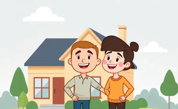 A cartoon-style image of a happy couple looking at their new home, carefree about PMI