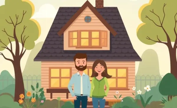A couple happily standing in front of their new home with a garden and sunny sky.