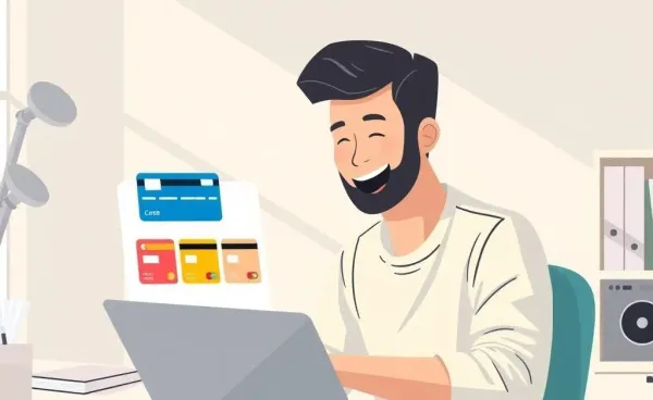 A person browsing credit card options online with a smile.