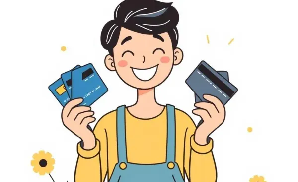 Person holding multiple credit cards in cartoon style
