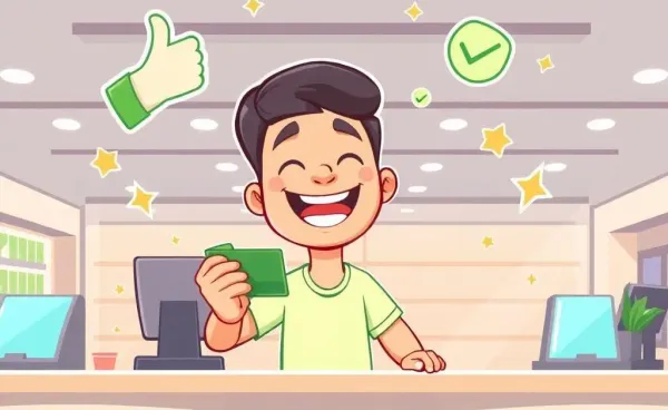 Person joyfully using a credit card at a store counter