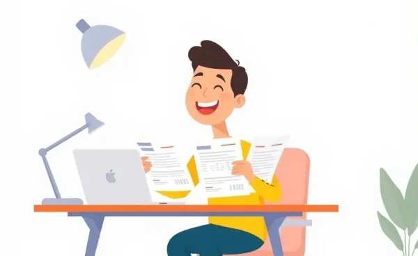 Cartoon person checking credit report and smiling