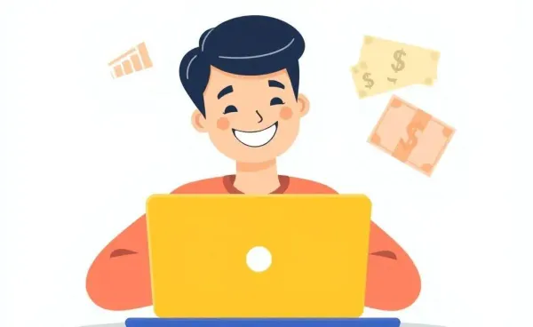 A cheerful person managing credit scores on a laptop
